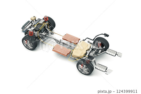 Hybrid Vehicle under carriage system cutaway illustration 124399911
