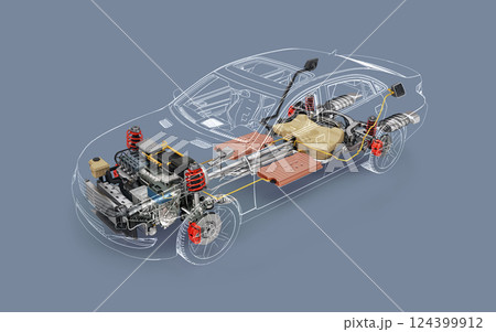 Hybrid Vehicle system cutaway illustration. Hybrid Vehicle system cutaway illustration. 124399912