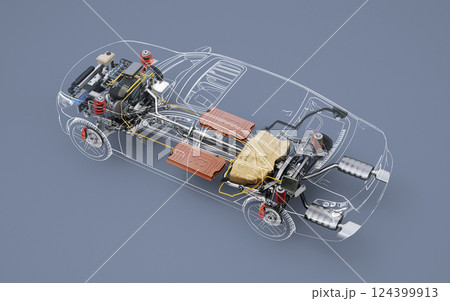 Hybrid Vehicle system cutaway illustration. 124399913