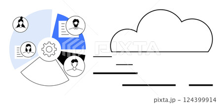 Cloud icon and connected user profiles around a circular chart with gear symbol. Ideal for team management, remote work, cloud computing, data sharing, IT infrastructure, group projects, digital 124399914