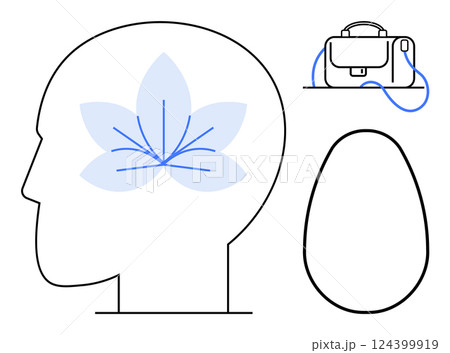 Human head outline with abstract flower inside, shelf with a briefcase and USB cable, and an oval shape. Ideal for mental health, mindfulness, well-being, technology, work-life balance, productivity Human head outline with abstract flower inside, shelf with a briefcase and USB cable, and an oval shape. Ideal for mental health, mindfulness, well-being, technology, work-life balance, productivity 124399919