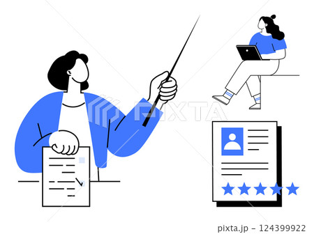 Job recruiter pointing at candidates resume with rating stars, while another candidate works on a laptop. Ideal for hiring processes, recruitment, HR analytics, job interviews, online job 124399922