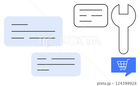Text boxes in various sizes accompanied by a wrench and shopping cart icon, symbolizing communication, technical support, and shopping. Ideal for customer service, technical assistance, online 124399928