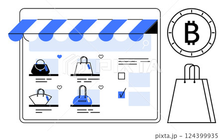 Shopping website interface showcases handbags with a Bitcoin currency option, shopping bag icon, and storefront awning. Ideal for e-commerce, digital transactions, online stores, cryptocurrency Shopping website interface showcases handbags with a Bitcoin currency option, shopping bag icon, and storefront awning. Ideal for e-commerce, digital transactions, online stores, cryptocurrency 124399935