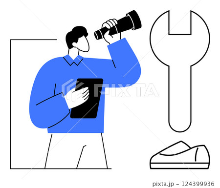 Businessman holding a tablet and looking through a telescope, adjacent to giant wrench and shoe symbols. Ideal for business strategy, innovation, vision, problem-solving, tools, engineering Businessman holding a tablet and looking through a telescope, adjacent to giant wrench and shoe symbols. Ideal for business strategy, innovation, vision, problem-solving, tools, engineering 124399936