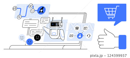 AI chatbot interacting with users via text bubbles, emoticons, and connection symbols on a laptop. Ideal for customer service, e-commerce, online shopping, AI technology, user interaction, digital AI chatbot interacting with users via text bubbles, emoticons, and connection symbols on a laptop. Ideal for customer service, e-commerce, online shopping, AI technology, user interaction, digital 124399937