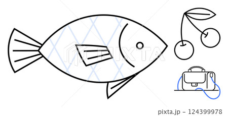 Large stylized fish with scale pattern cherry pair with leaf and stem briefcase with cord. Ideal for nutrition, marine life, agriculture, productivity, work-life balance, simplicity, iconography 124399978