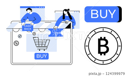 People using laptops to access cash back and percentage discount offers while shopping online. Includes buy button, shopping cart, Bitcoin symbol. Ideal for e-commerce, crypto transactions, digital 124399979