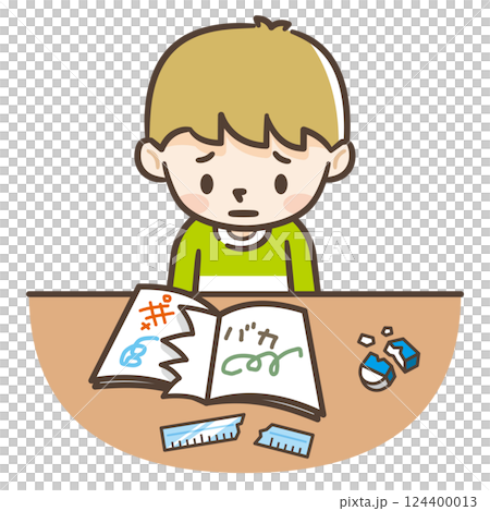 Illustration of a boy being bullied; his notebook is torn and scribbled on 124400013