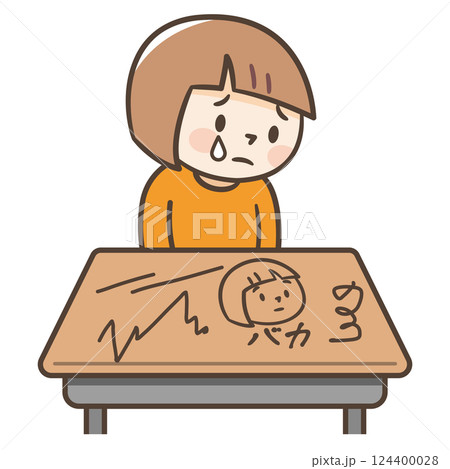いじめで机に落書きをされて悲しむ女の子のイラスト 124400028
