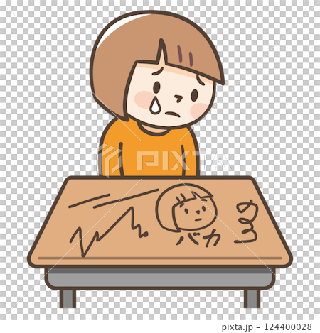 いじめで机に落書きをされて悲しむ女の子のイラスト 124400028
