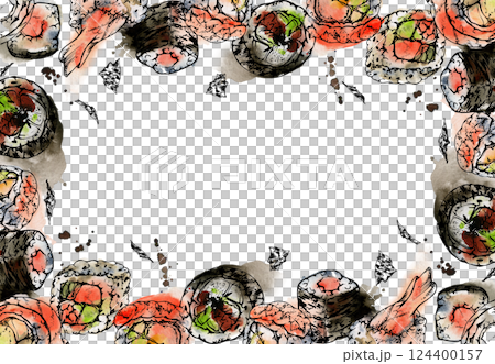 Traditional Japanese food, sushi rolls with raw fish salmon unagi tuna shrimp, california philadelphia alaska, hand drawn in watercolor and ink. Border frame for restaurant, cafe menu, recipe book 124400157