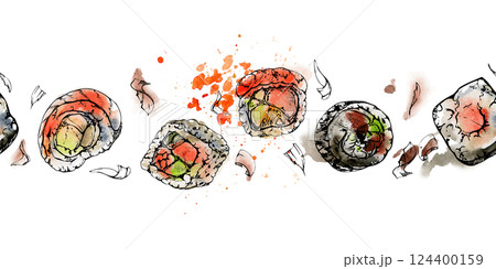 Traditional Japanese food, sushi rolls with raw fish salmon unagi tuna shrimp, california philadelphia alaska, hand drawn in watercolor and ink. Seamless banner for restaurant, cafe menu, recipe book 124400159