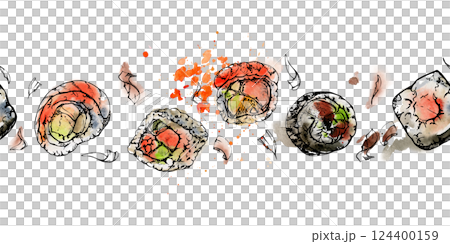 Traditional Japanese food, sushi rolls with raw fish salmon unagi tuna shrimp, california philadelphia alaska, hand drawn in watercolor and ink. Seamless banner for restaurant, cafe menu, recipe book 124400159