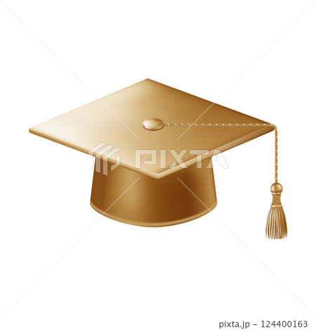 Realistic gold graduate cap. 3D Graduation Doctoral hat. 124400163