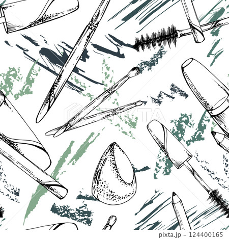 Make-up mascara tube smudge eyebrow eyelash pencil crayon liner, sponge brush. Isolated seamless pattern, detailed vector sketch, ink hand drawn. Beauty parlor illustration, packaging, cosmetics shop Make-up mascara tube smudge eyebrow eyelash pencil crayon liner, sponge brush. Isolated seamless pattern, detailed vector sketch, ink hand drawn. Beauty parlor illustration, packaging, cosmetics shop 124400165