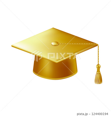 Realistic gold graduate cap. 3D Graduation Doctoral hat. 124400194