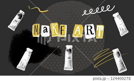 Art workshop video collage background. Paint tubes, cutout ransom lettering and halftone ink splash. Creative workspace moodboard template Art workshop video collage background. Paint tubes, cutout ransom lettering and halftone ink splash. Creative workspace moodboard template 124400278