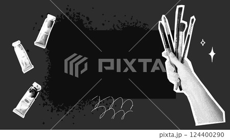 Hand holding brushes, tubes, black paint splash artistic frame. Grunge halftone art template for creative announcements, blog video cover screen background Hand holding brushes, tubes, black paint splash artistic frame. Grunge halftone art template for creative announcements, blog video cover screen background 124400290