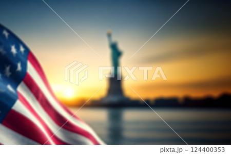 Out of focus flag of the United States of America. Statue of Liberty on blurred background. 124400353