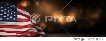 American flag fluttering with blurred lights background bokeh effect. 124400357
