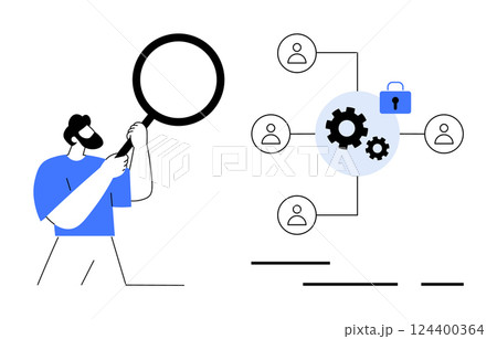 Man holding a magnifying glass, analyzing data connections between team members represented by gears and secure locks. Ideal for teamwork, data analysis, cybersecurity, collaboration, project Man holding a magnifying glass, analyzing data connections between team members represented by gears and secure locks. Ideal for teamwork, data analysis, cybersecurity, collaboration, project 124400364