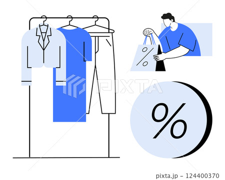 Clothes hanging on a rack, a person holding shopping bags, and a large percentage symbol. Ideal for advertising, e-commerce, retail promotions, seasonal sales, fashion marketing, visual Clothes hanging on a rack, a person holding shopping bags, and a large percentage symbol. Ideal for advertising, e-commerce, retail promotions, seasonal sales, fashion marketing, visual 124400370