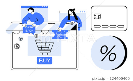 People offering cash back and discount deals while shopping online. Credit card, shopping cart, and percentage sign illustrations. Ideal for e-commerce, shopping promotions, credit card offers People offering cash back and discount deals while shopping online. Credit card, shopping cart, and percentage sign illustrations. Ideal for e-commerce, shopping promotions, credit card offers 124400400