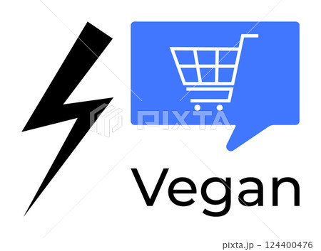 Lightning bolt symbol next to blue shopping cart icon in speech bubble and Vegan text. Ideal for vegan products, eco-friendly lifestyle, online shopping, ethical consumerism, sustainability, fast 124400476