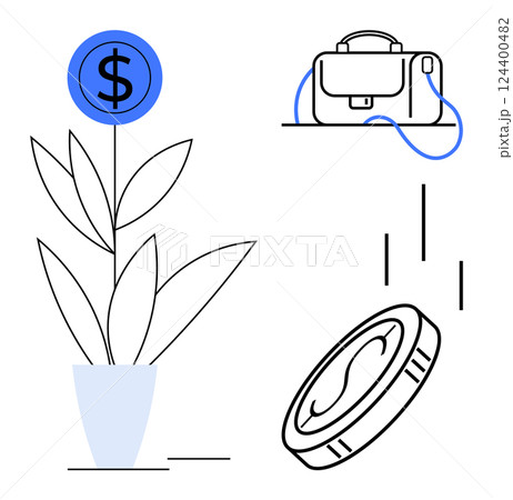 Potted plant with coin symbol blossom, briefcase connected by wire, and coins dropping. Ideal for financial growth, investment, economics, business strategy, savings, financial planning, wealth Potted plant with coin symbol blossom, briefcase connected by wire, and coins dropping. Ideal for financial growth, investment, economics, business strategy, savings, financial planning, wealth 124400482
