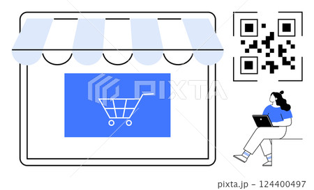 Shopping cart on store window, QR code, and woman with laptop. Ideal for online shopping, e-commerce, digital marketing, mobile payments, retail management, consumer behavior, technology usage. Line 124400497