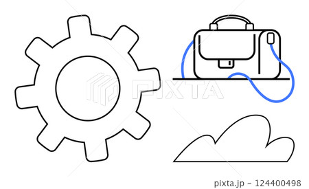 Gear wheel, briefcase, and cloud in minimalist style. Ideal for business concepts, technology connectivity, organization, cloud computing, teamwork innovation, productivity. Line metaphor 124400498