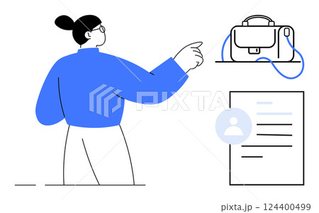 Business person pointing towards a briefcase with a document featuring a user icon in the foreground. Ideal for work organization, office environments, professional presentations, career planning 124400499
