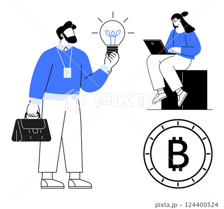 Businessman holding a lit light bulb and briefcase, woman sitting on a block using a laptop, Bitcoin symbol representing cryptocurrency. Ideal for finance, innovation, technology, teamwork 124400524