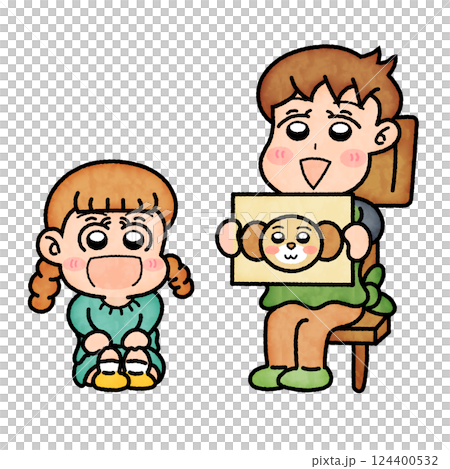 園児に紙芝居を見せる保育士 124400532