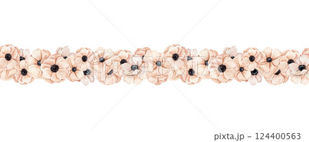 Watercolor hand drawn seamless border with different of peachy pink anemones in blossoming flowers. Watercolor hand drawn seamless border with different of peachy pink anemones in blossoming flowers. 124400563