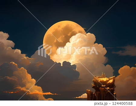 ゲーム背景　美しい夜空と祭壇がある不思議な風景 124400588