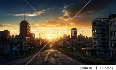 ゲーム背景　人類が滅亡した都市の壮大な朝日ストリートビュー 124400623