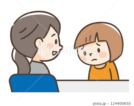 スクールカウンセラーに相談する女の子のイラスト スクールカウンセラーに相談する女の子のイラスト 124400650