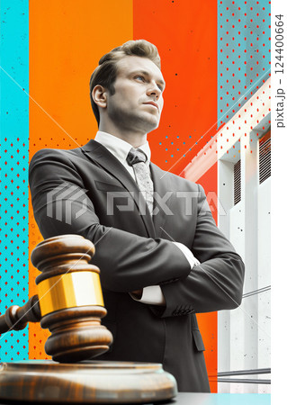 Confident Lawyer Standing Beside Gavel in Modern Court Setting With Vibrant Background Confident Lawyer Standing Beside Gavel in Modern Court Setting With Vibrant Background 124400664