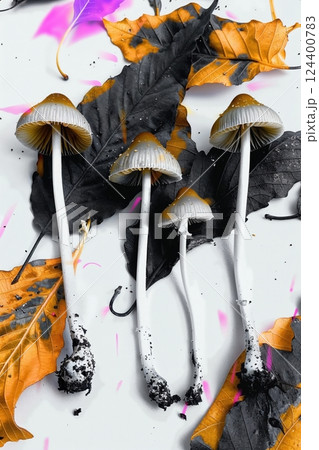 Vivid Mushroom and Autumn Leaf Composition with Psychedelic 70s Glow 124400783