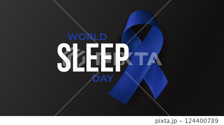 Blue awareness ribbon with World Sleep Day title on black background. Calm symbol of sleep health, rest disorders, daily wellness. Realistic glossy 3D style vector illustration Blue awareness ribbon with World Sleep Day title on black background. Calm symbol of sleep health, rest disorders, daily wellness. Realistic glossy 3D style vector illustration 124400789