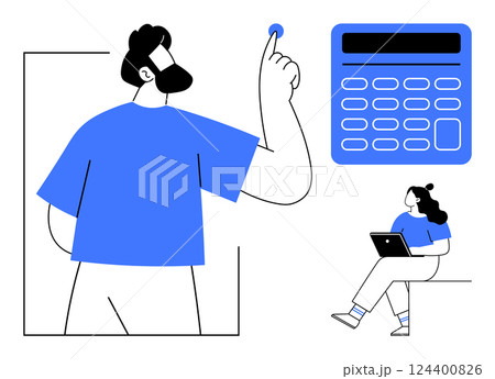 Businessman points upwards and woman using laptop while sitting, large calculator icon. Ideal for teamwork, business analysis, education, planning, data presentation, financial computing 124400826