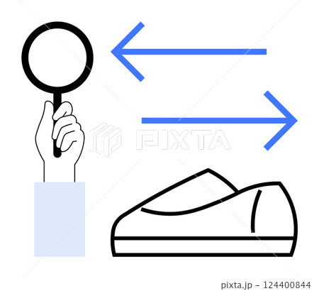 Hand holding magnifying glass, shoe icon, bidirectional arrows. Ideal for search, direction, navigation, investigation orientation, decision-making discovery. Line metaphor 124400844