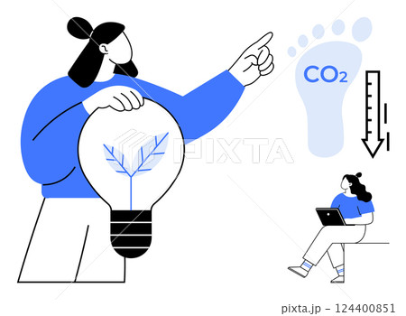 Woman holding a light bulb with a leaf, pointing towards CO2 footprint, other woman with laptop. Ideal for sustainability, energy conservation, eco-friendly practices, carbon reduction, green 124400851
