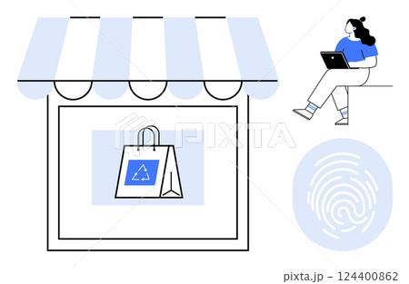 Woman using laptop while sitting, store awning with shopping bag, and fingerprint icon. Ideal for e-commerce, online security, retail, digital transaction, marketing, consumer behavior Woman using laptop while sitting, store awning with shopping bag, and fingerprint icon. Ideal for e-commerce, online security, retail, digital transaction, marketing, consumer behavior 124400862