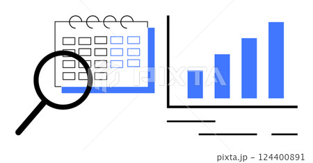 Magnifying glass focusing on a calendar beside a bar chart with four ascending blue bars. Ideal for business analysis, project planning, data review, time management, performance tracking Magnifying glass focusing on a calendar beside a bar chart with four ascending blue bars. Ideal for business analysis, project planning, data review, time management, performance tracking 124400891