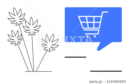 Shopping cart icon inside a blue chat bubble on the right side, black outlined palm trees on the left, and minimal black line accents. Ideal for e-commerce, communication, nature, minimalism, design 124400894