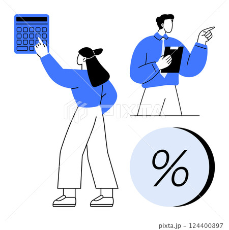 Business team members calculating financial data with calculator and documents, large percentage symbol. Ideal for finance, accounting, team collaboration, financial analysis, business reports, data 124400897