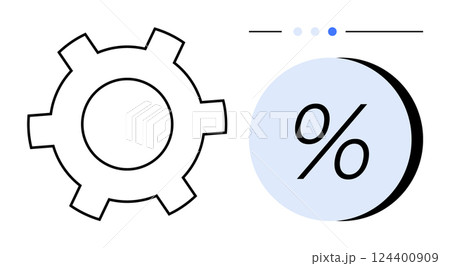 Gear and percentage symbols next to a progress indicator with three dots. Ideal for productivity, progress tracking, efficiency, statistics, data analysis, business, and technology themes. Line 124400909